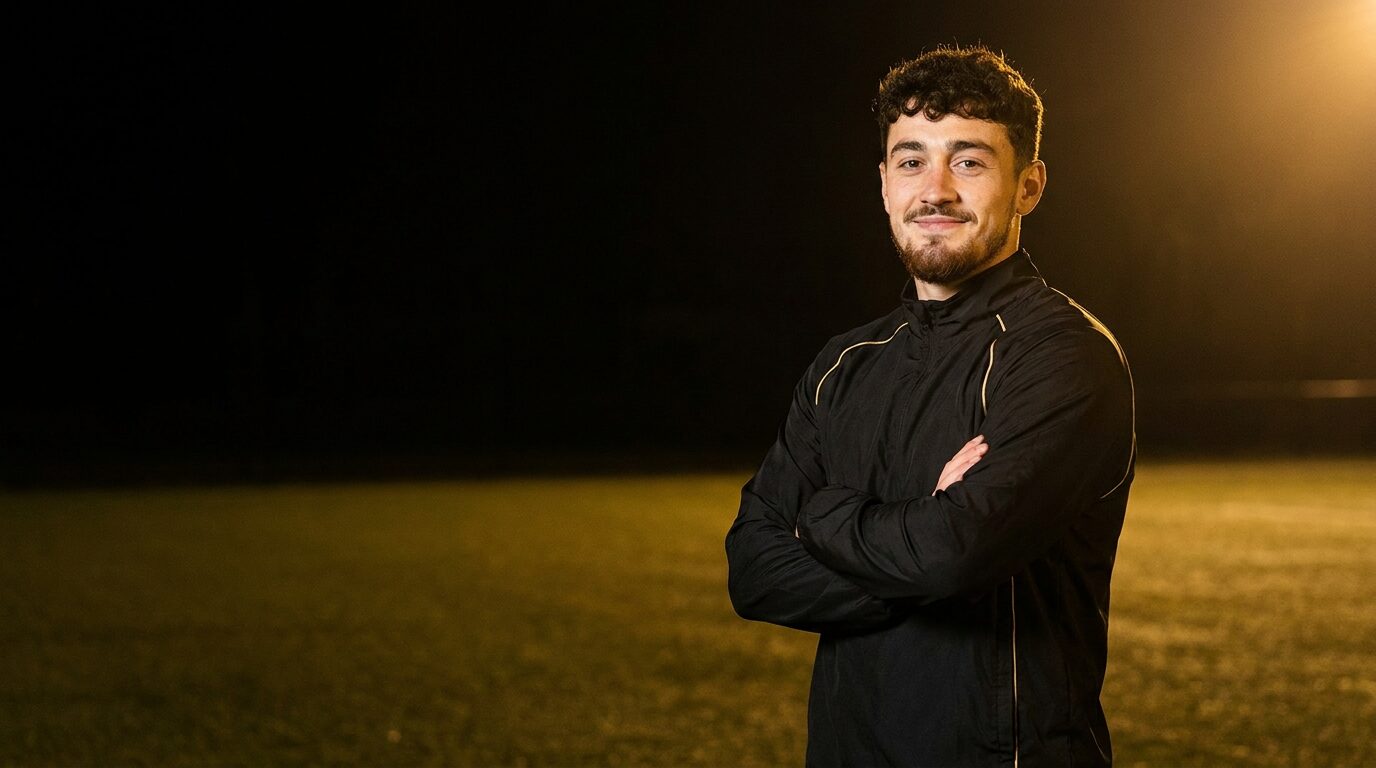 Flair Football coach on the floodlit pitch, ready for the next session