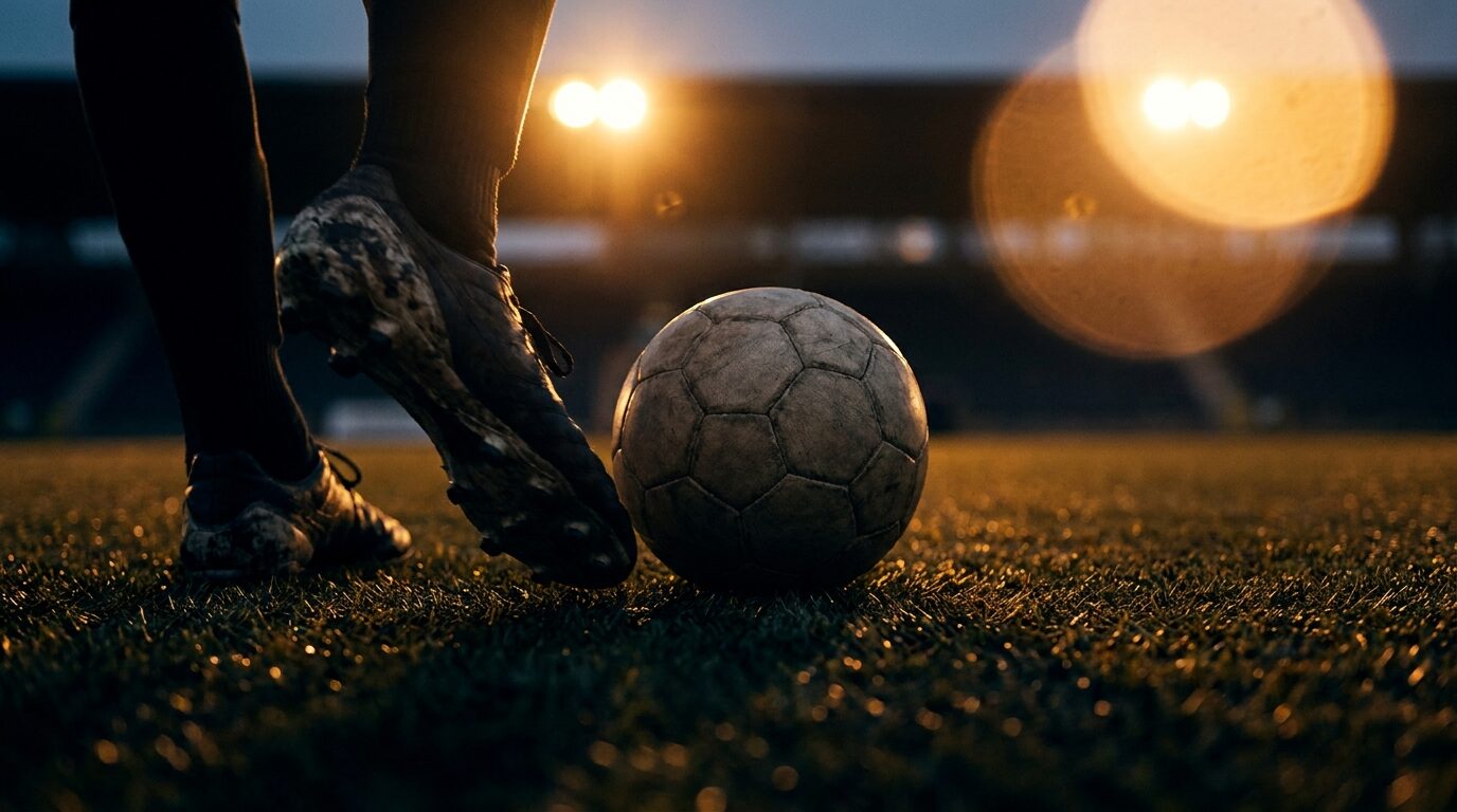 Soccer boots and ball on floodlit turf at dusk