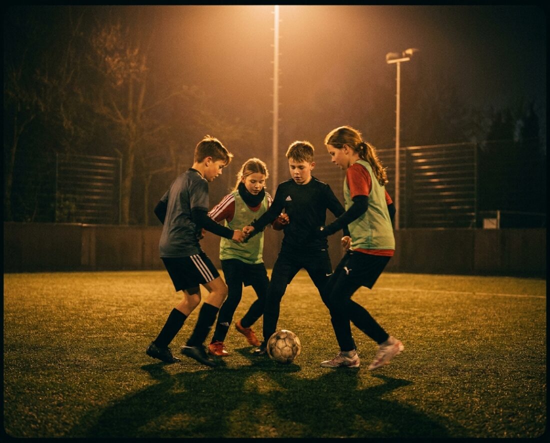 Small-group football training with boys and girls competing for the ball