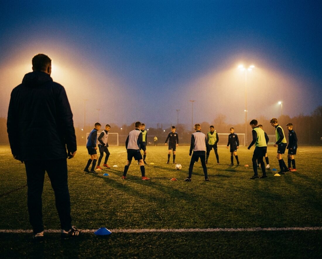 Coach running a structured youth football team training session